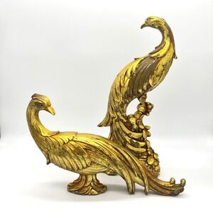 Vintage Syroco Gold Peacock Figurines Pair Hollywood Regency Bird Statues MCM